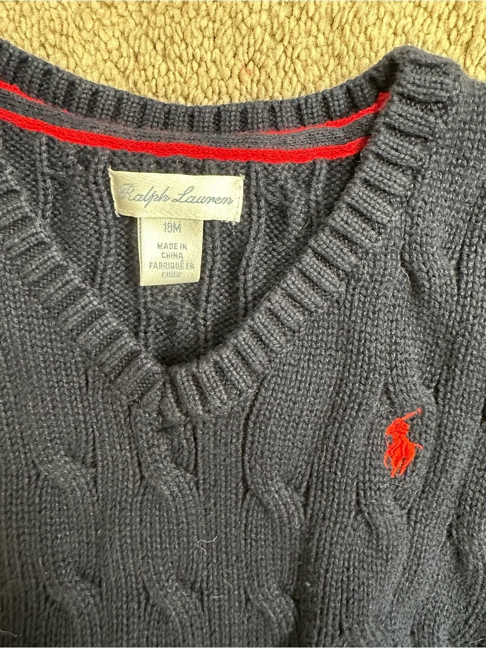 Ralph Lauren Navy Cable-Knit V-Neck Sweater Vest with Red Logo